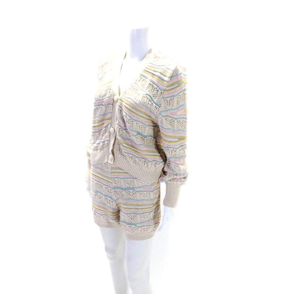 Zara Womens Cotton Knitted Buttoned V-Neck Cardigan Shorts Set Beige Size M L - Picture 2 of 8